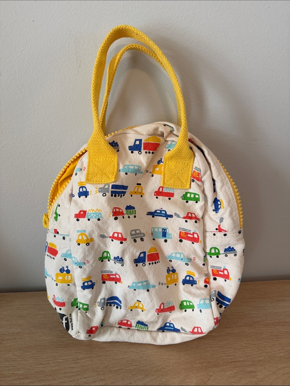 Fluf Kids Canvas Lunch Tote with Colorful Vehicle Print and Yellow Handles
